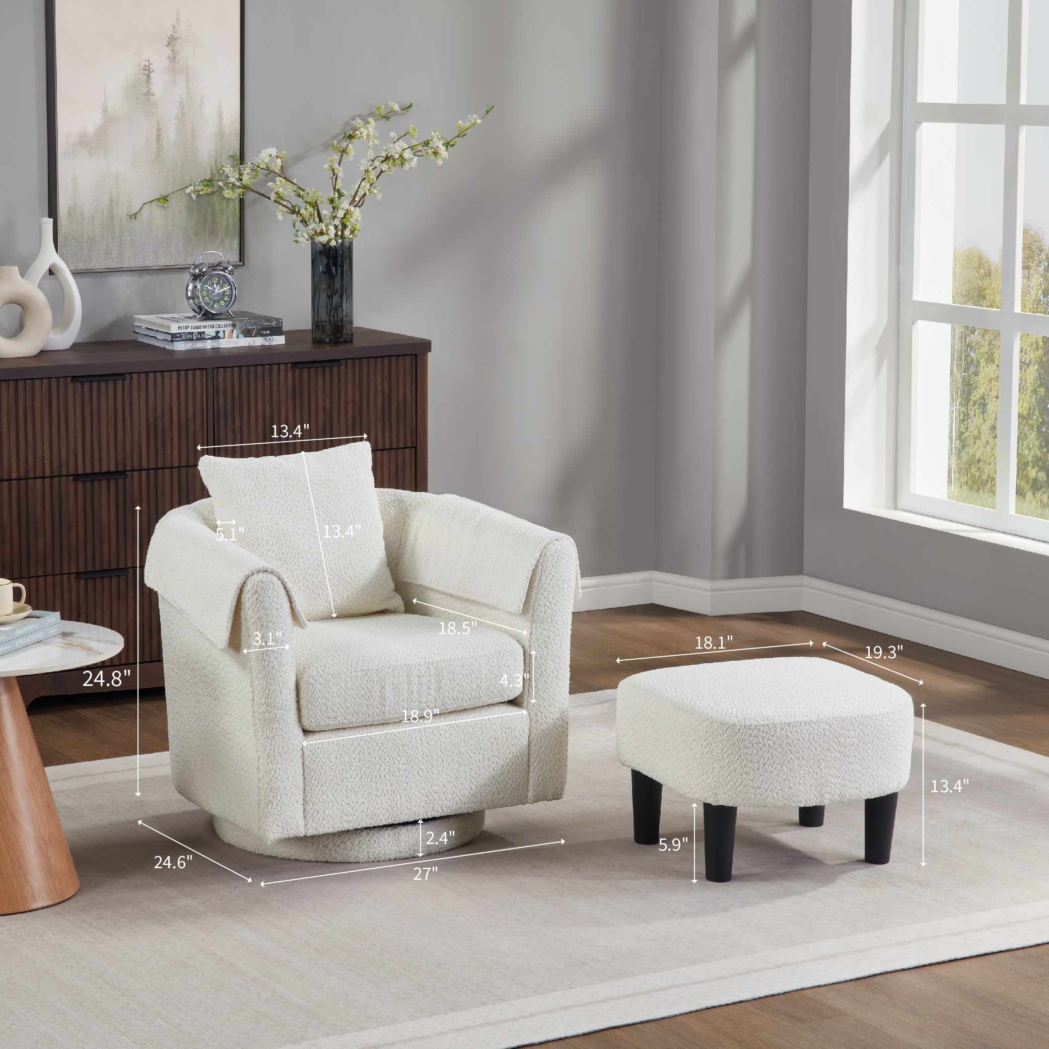 Swivel Accent Chair With Ottoman Set, Modern Chenille Barrel Armchair With Removable Back Pillow & 2 Armrest Covers For Living Room, Bedroom, Office, White_maomaolike.com